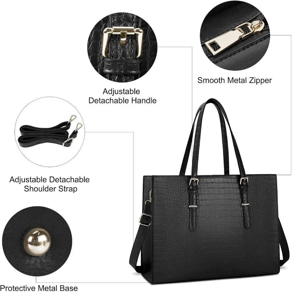 〽️Women Black Leather Waterproof Professional Shoulder Bag 15.6 Inch Laptop Bag